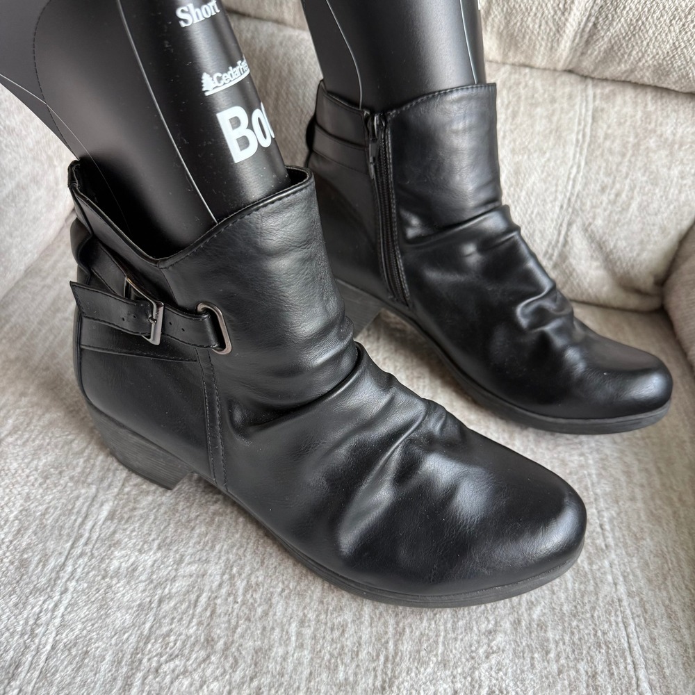 Catherines Black Ruched Ankle Boots Faux Leather Buckle Side Zip Block Heel 10W